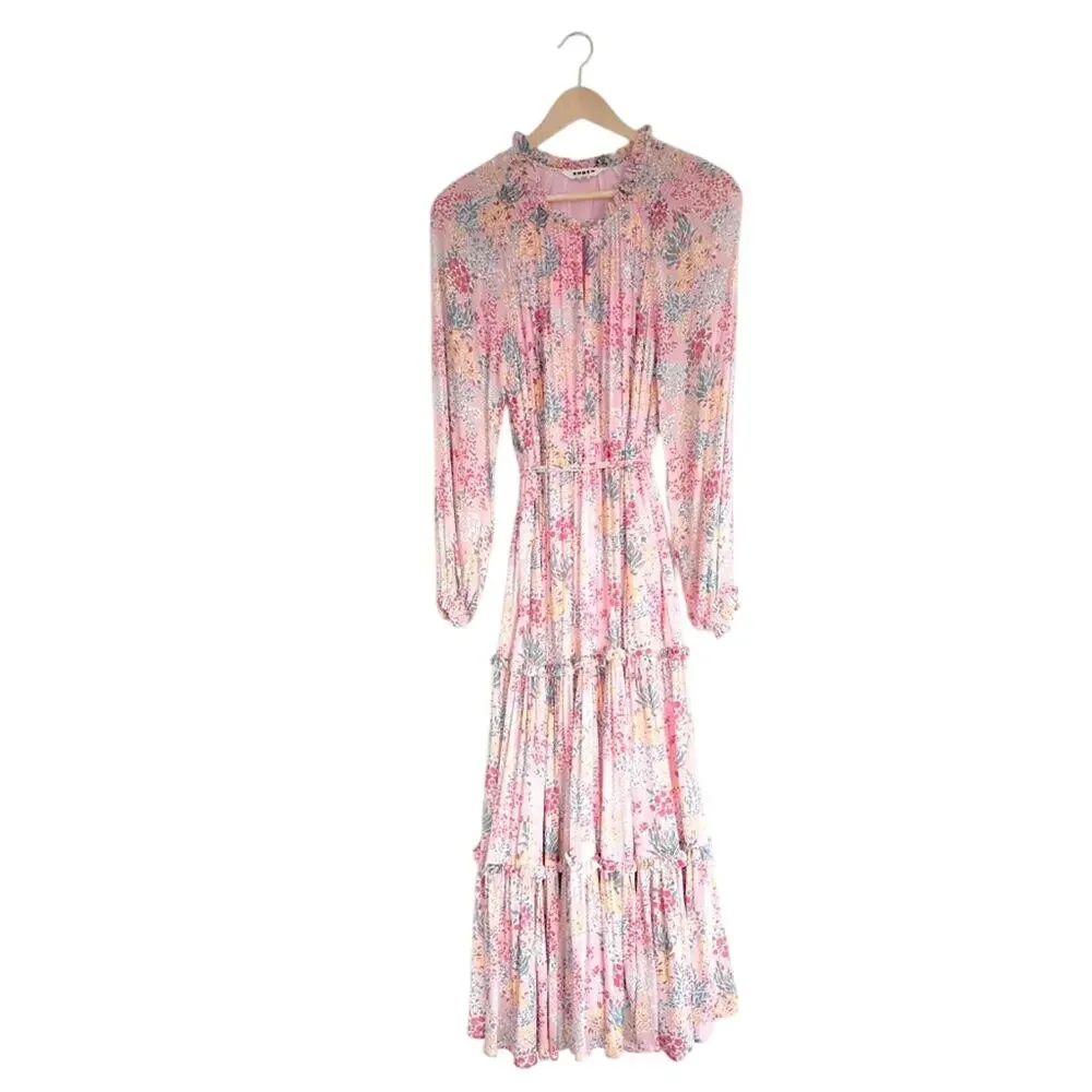 Boden Pink Floral Tiered Midi Dress Long Sleeve Viscose Belted Maxi Size 6R 6